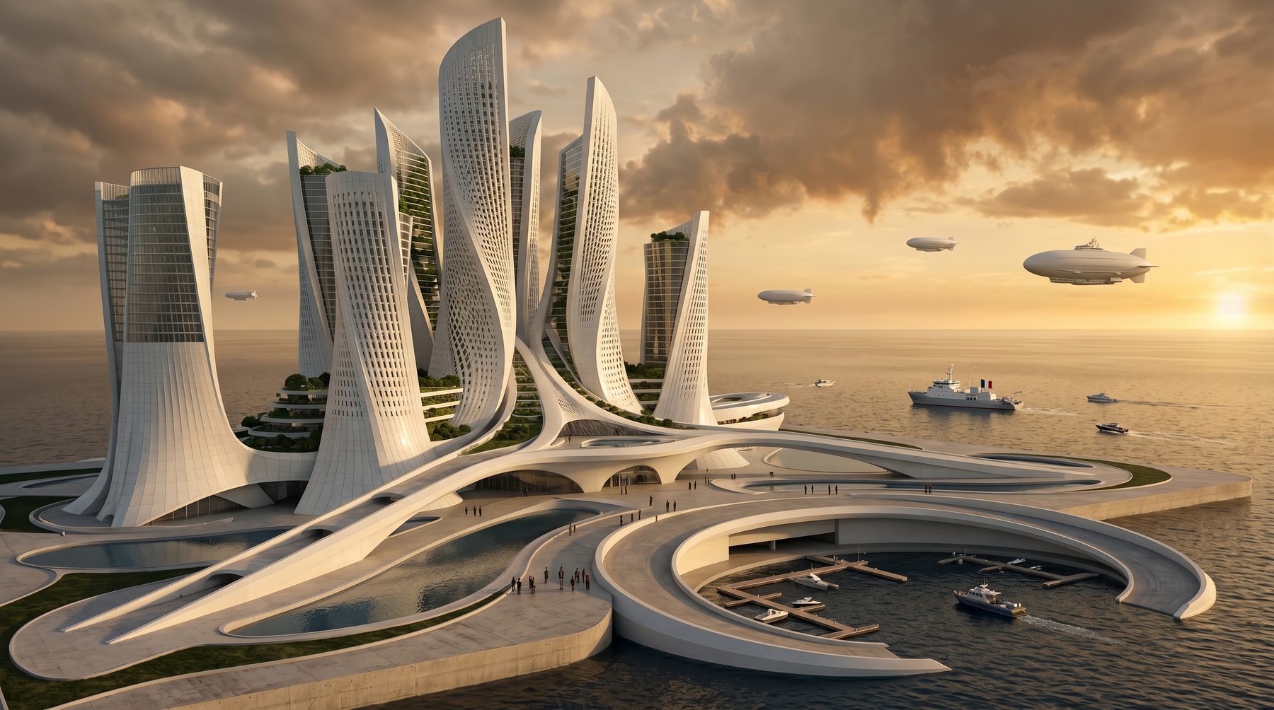Ville solarpunk au couchant