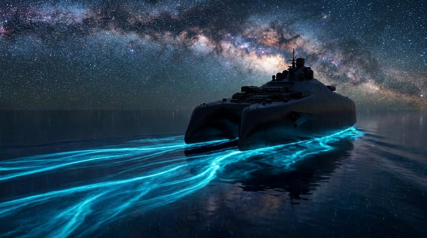 Le St Malo dans les vagues bioluminescentes, sous la Voie lactée